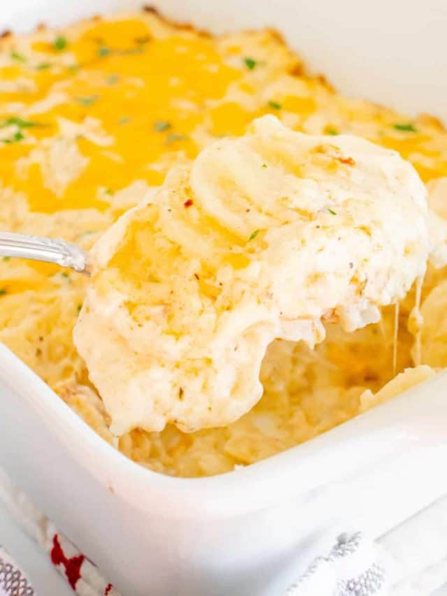 A spoonful of au gratin potatoes being scooped out of a white casserole dish.