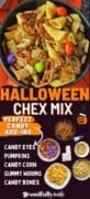 Halloween Chex mix Pinterest image with bowl of chex mix, ingredients, and suggested add-ins.
