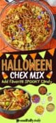 Halloween Chex mix Pinterest image with bowl of chex mix and ingredients.