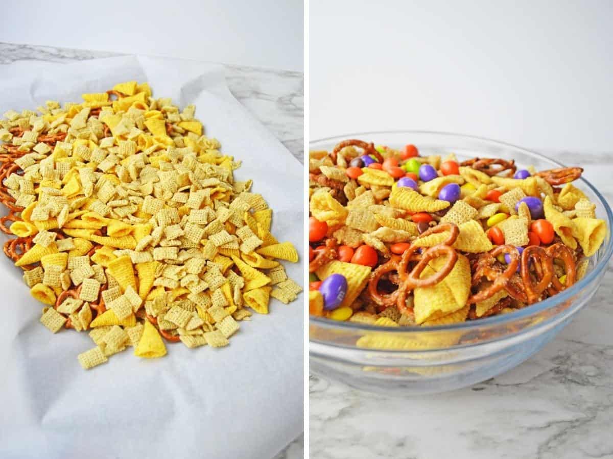 Collage image showing a tray of chex mix after being baked and a bowl with halloween candy added.