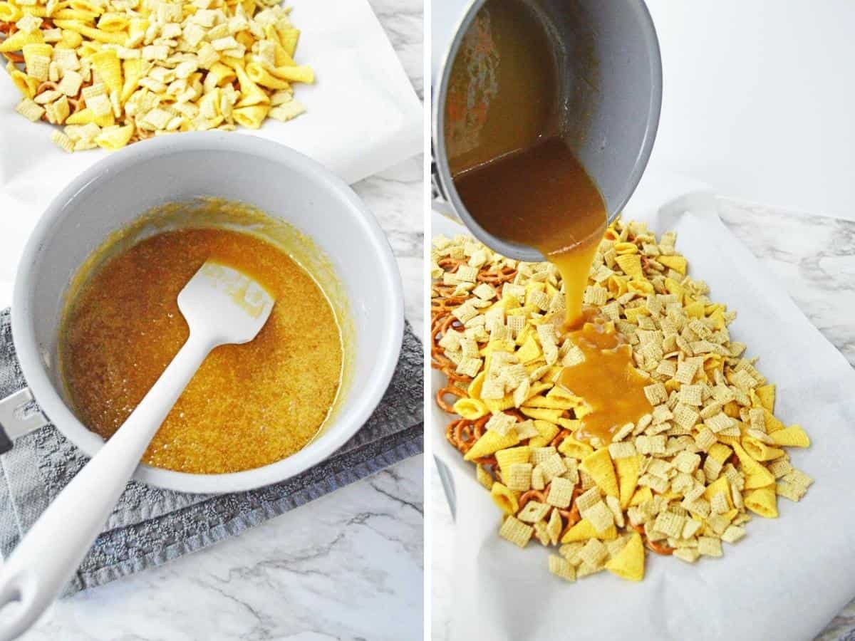 Collage images showing heated sauce and it being poured onto chex mix.