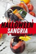 Halloween sangria Pinterest image with ghost and red background.