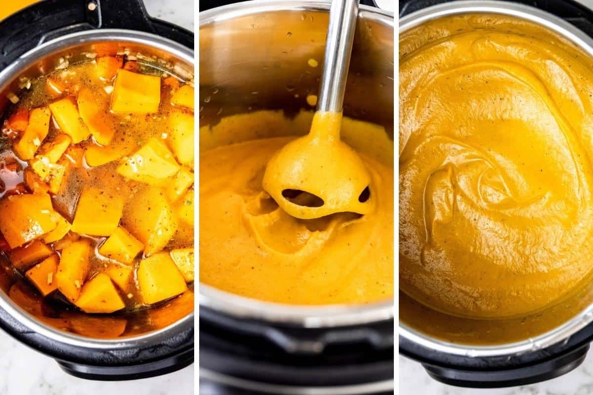 Collage image showing steps to blend the butternut squash soup with an immersion blender in the instant pot.