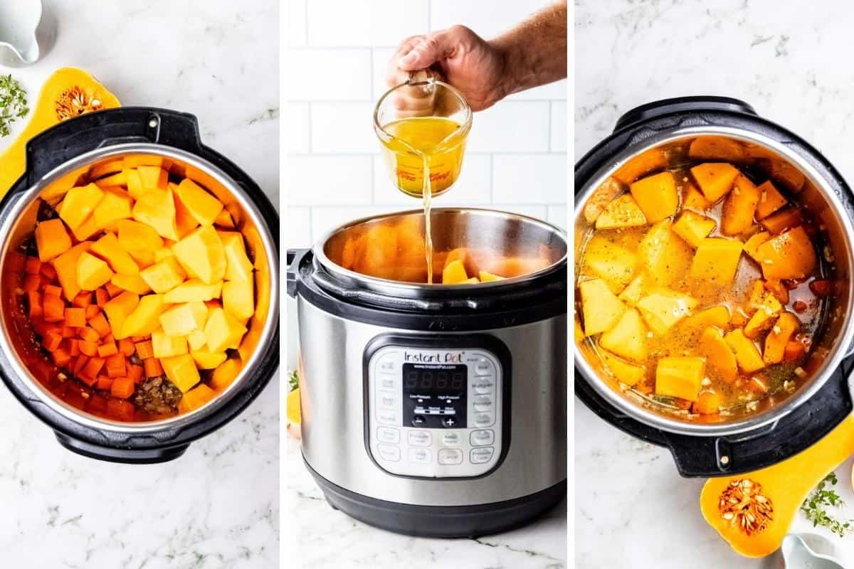 Collage images showing adding butternut squash, carrots and broth to instant pot.