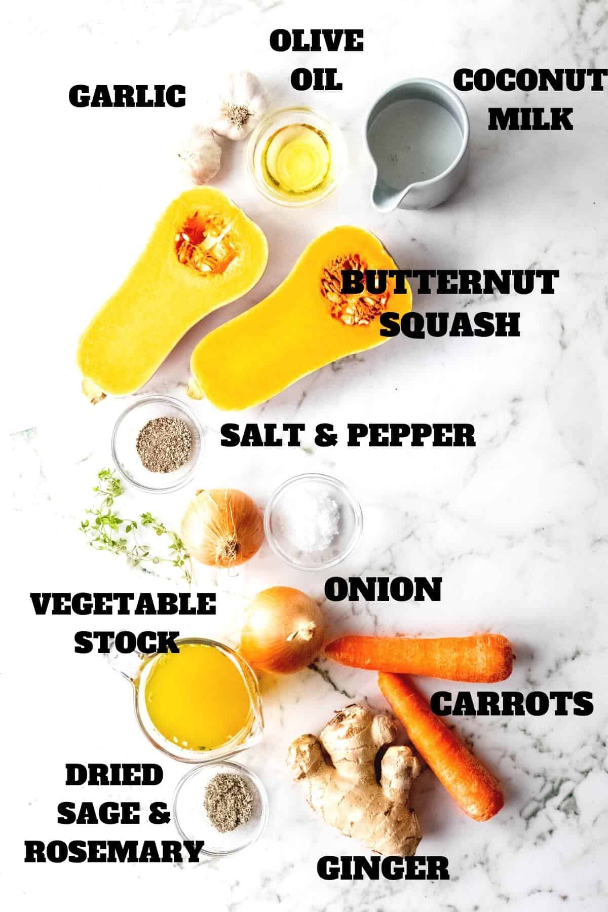 Labeled ingredient image of ingredients needed for butternut squash soup.