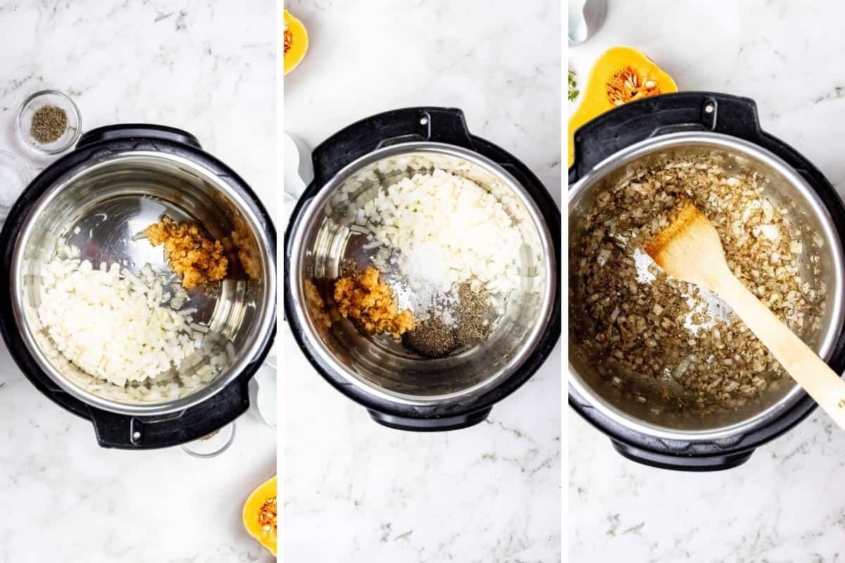 Collage image showing adding olive oil, onions, garlic, and spices to instant pot to saute.