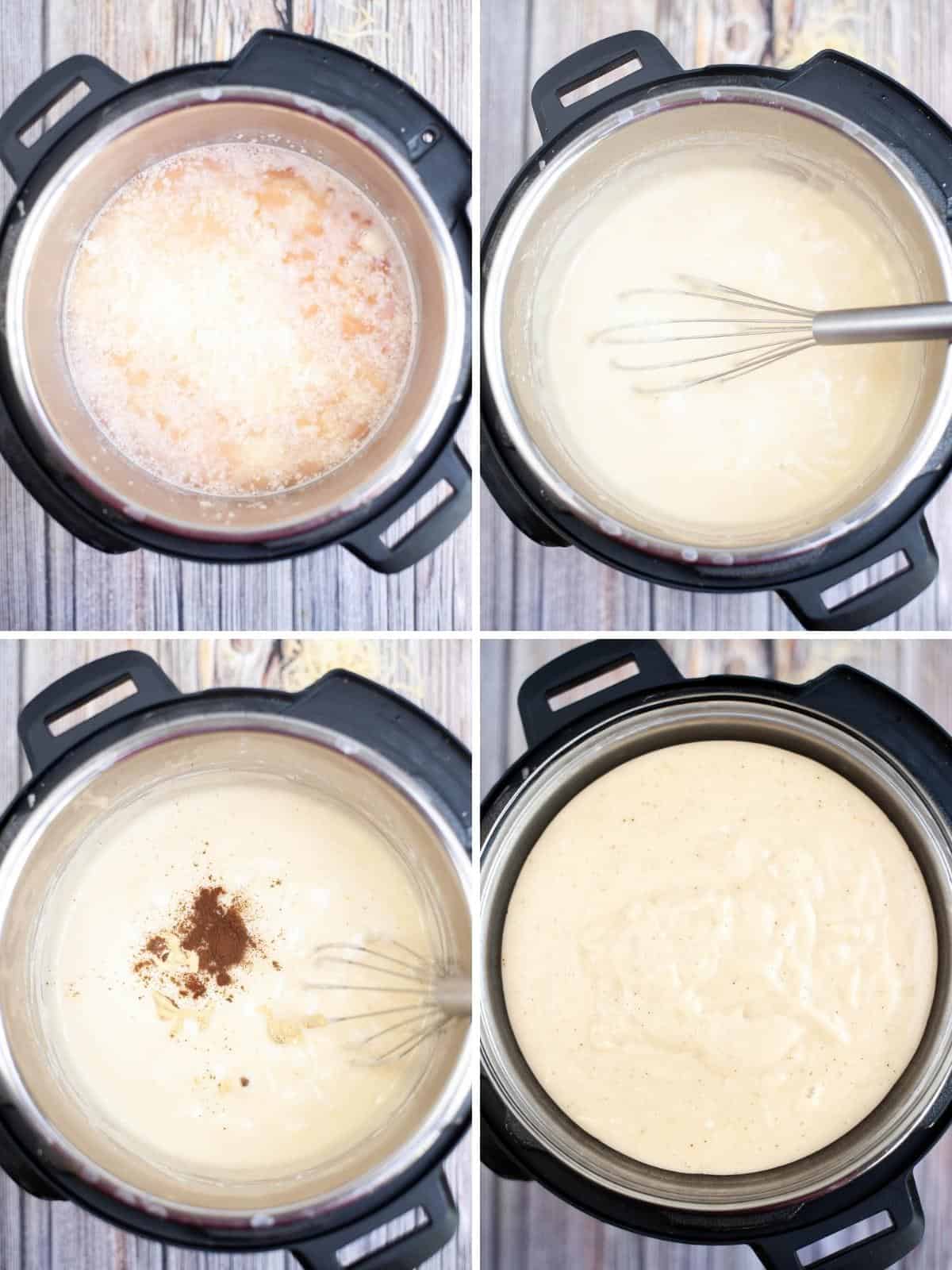 Collage images showing steps to melt cheese for Instant Pot Cheese Fondue.