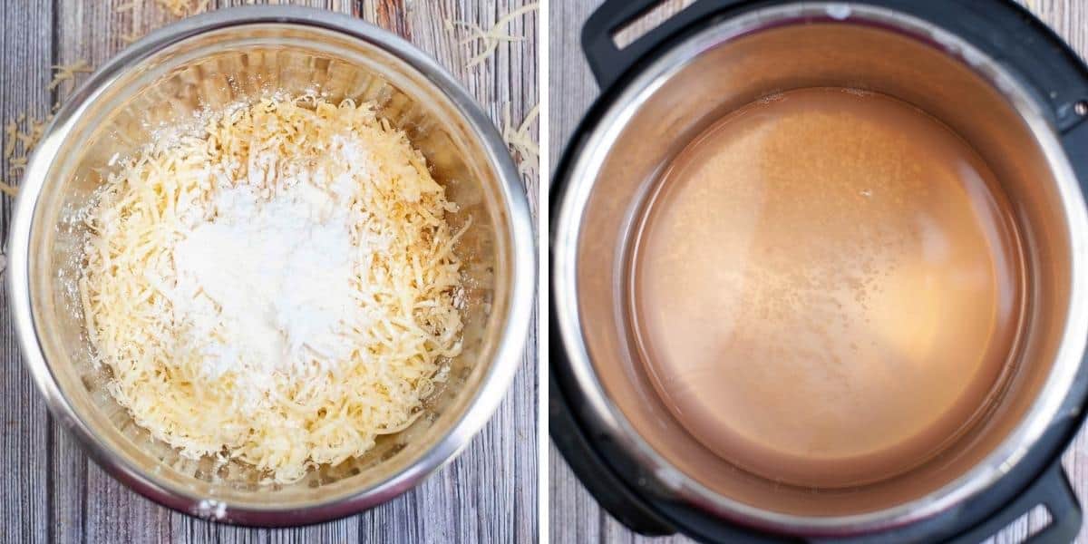 Collage image of shredded cheese tossed with corn starch and liquids needed for fondue base in an instant pot.