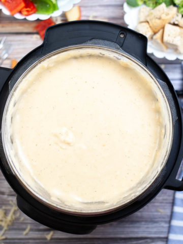 A pot of copycat Melting Pot cheese fondue.