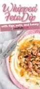 Whipped Feta Dip with Figs, nuts, and honey image of a pink bowl and a cheese spreader