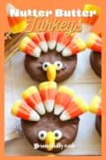 close up overhead shot of Nutter Butter Turkeys with candy corn feathers