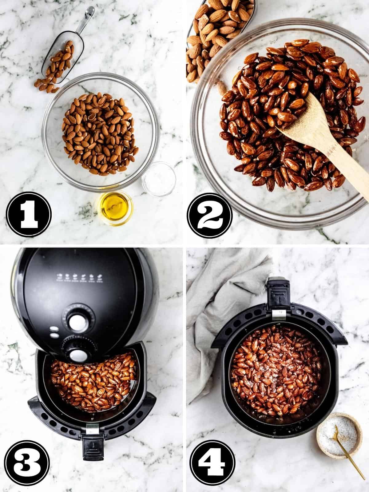 Collage image showing steps to air fry roasted almonds.