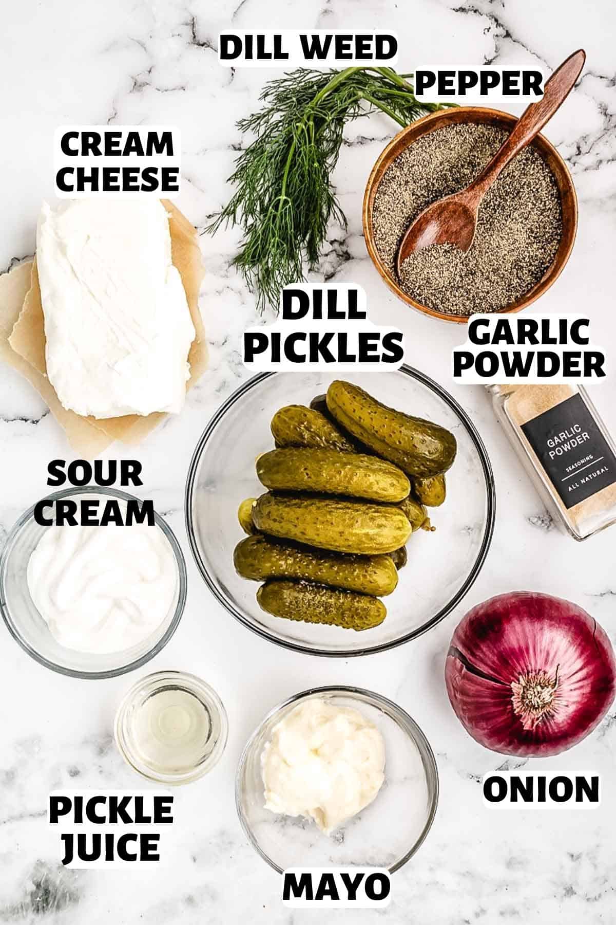 An labeled image of ingredient ingredients needed to make dill pickle dip.
