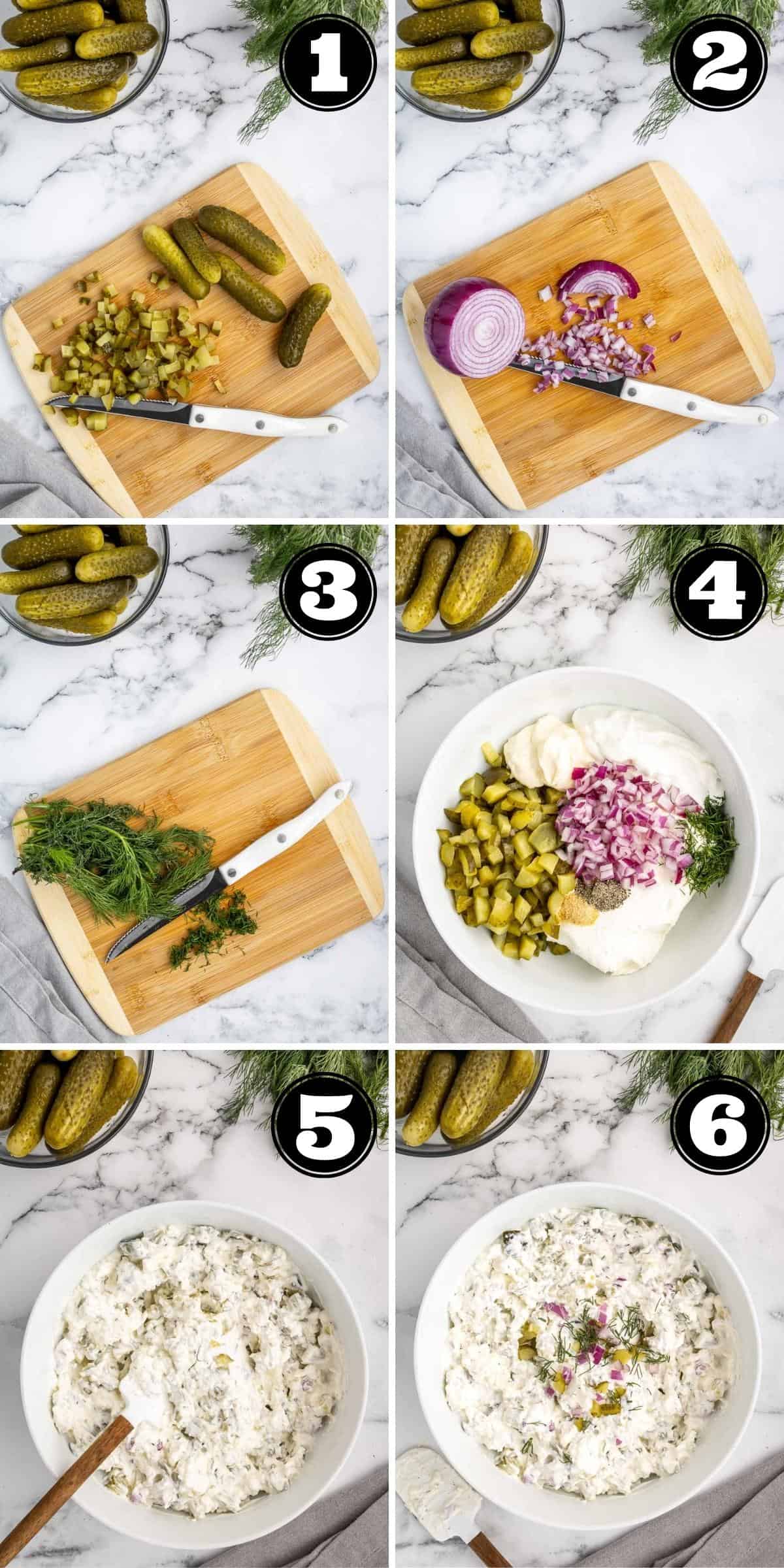 Collage of 6 images showing steps to put together dill pickle dip.