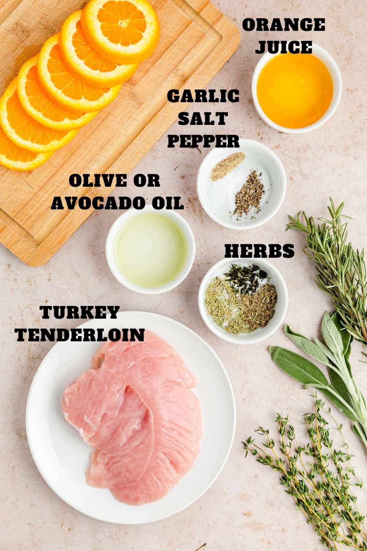 Labeled image of ingredients needed to make garlic herb turkey tenderloin with orange.