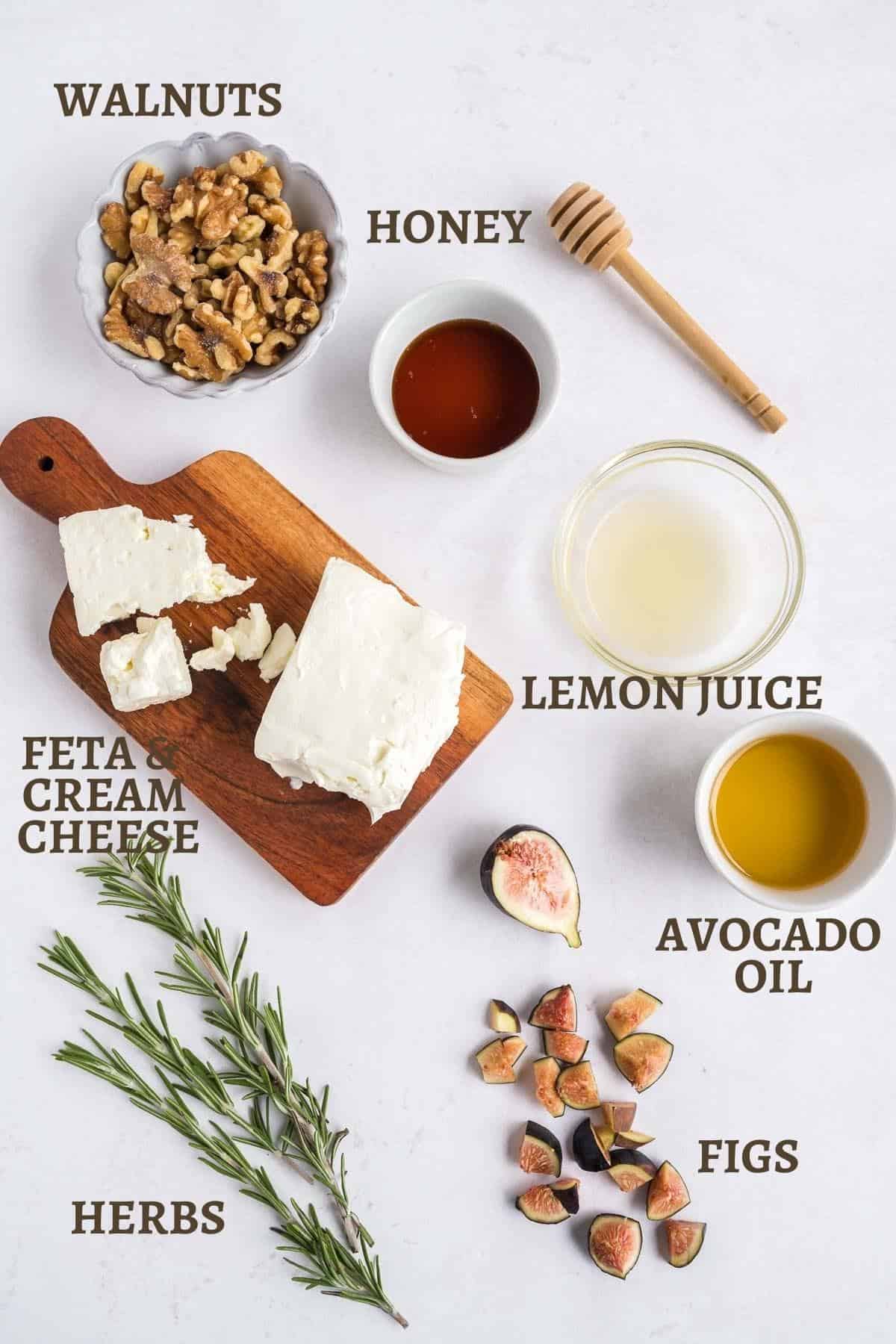 Image of ingredients needed to make whipped feta dip with labels titling each item.