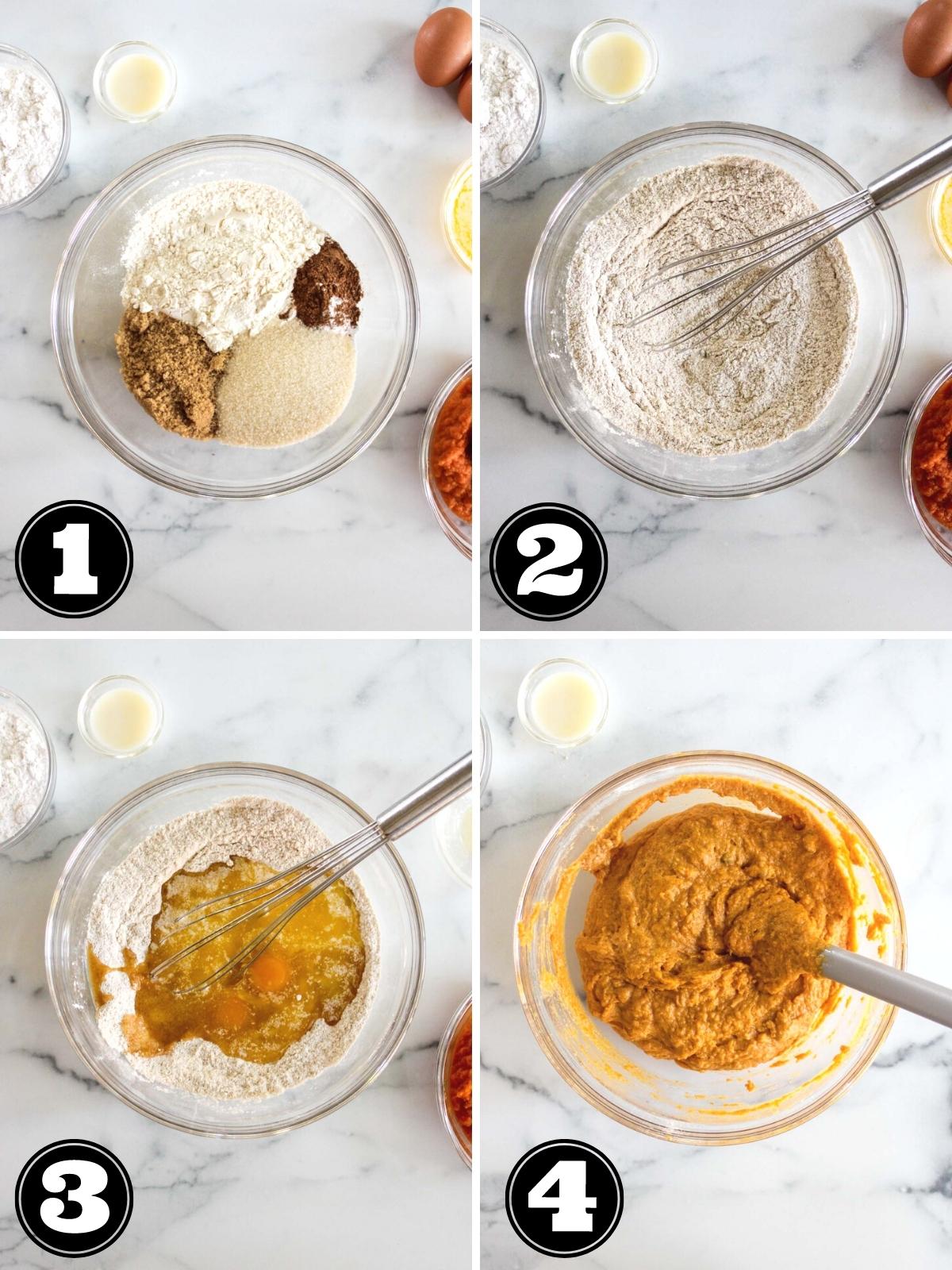 Collage image showing steps to make pumpkin donut batter.