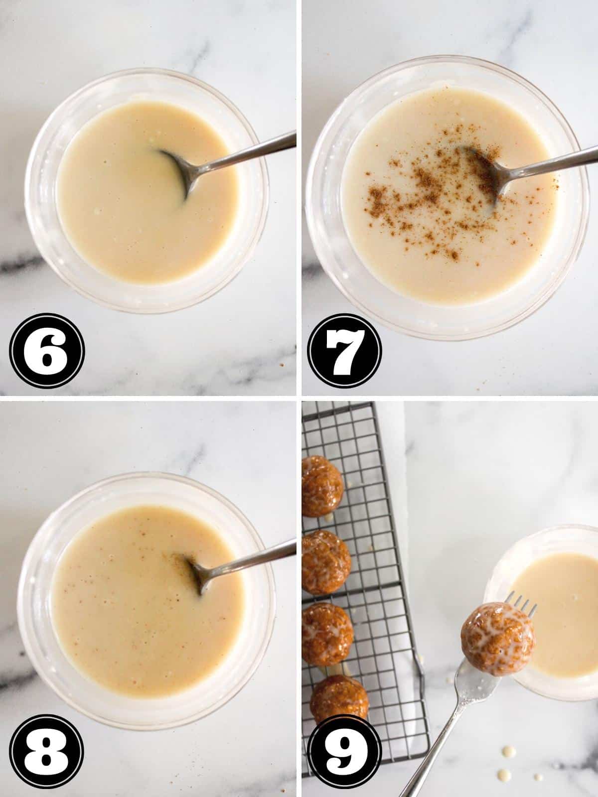 Collage image showing steps to make pumpkin donut glaze and glazing a muffin.