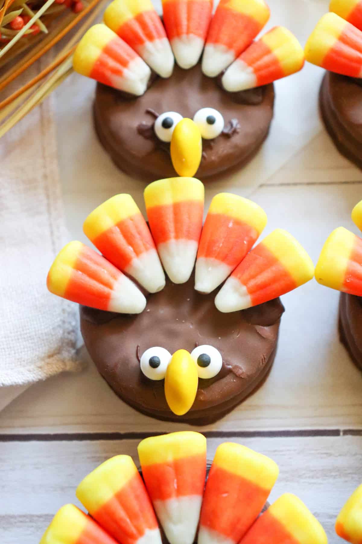 Up close look at a turkey cookie showing the details of the added candies.
