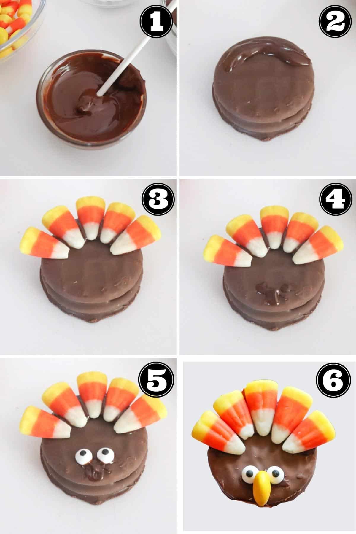Images of steps to make nutter butter turkey cookies.