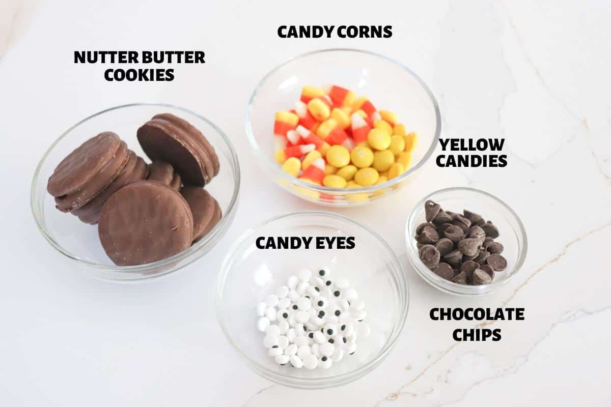 Image with labeled ingredients needed to make nutter butter turkey cookies.