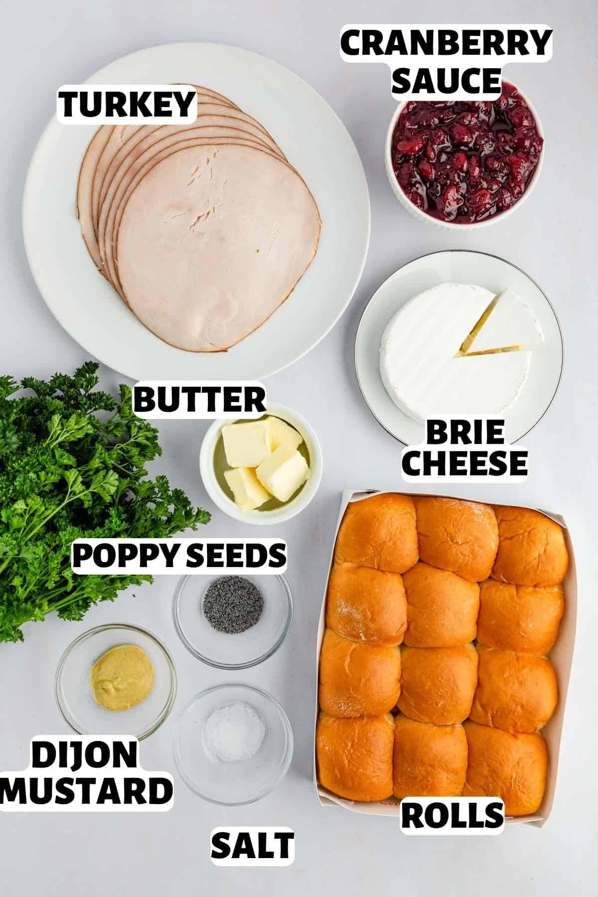 Image labeled with ingredients needed to make turkey cranberry sliders.
