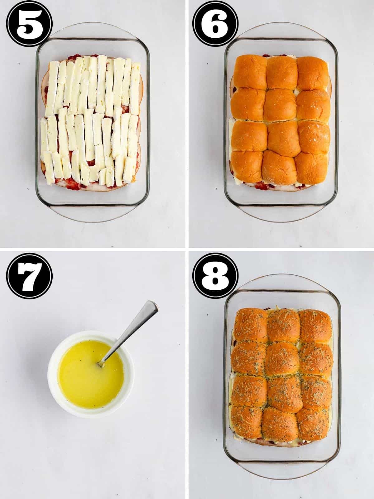 Collage image showing adding cheese and butter mixture to turkey slider and rolls.