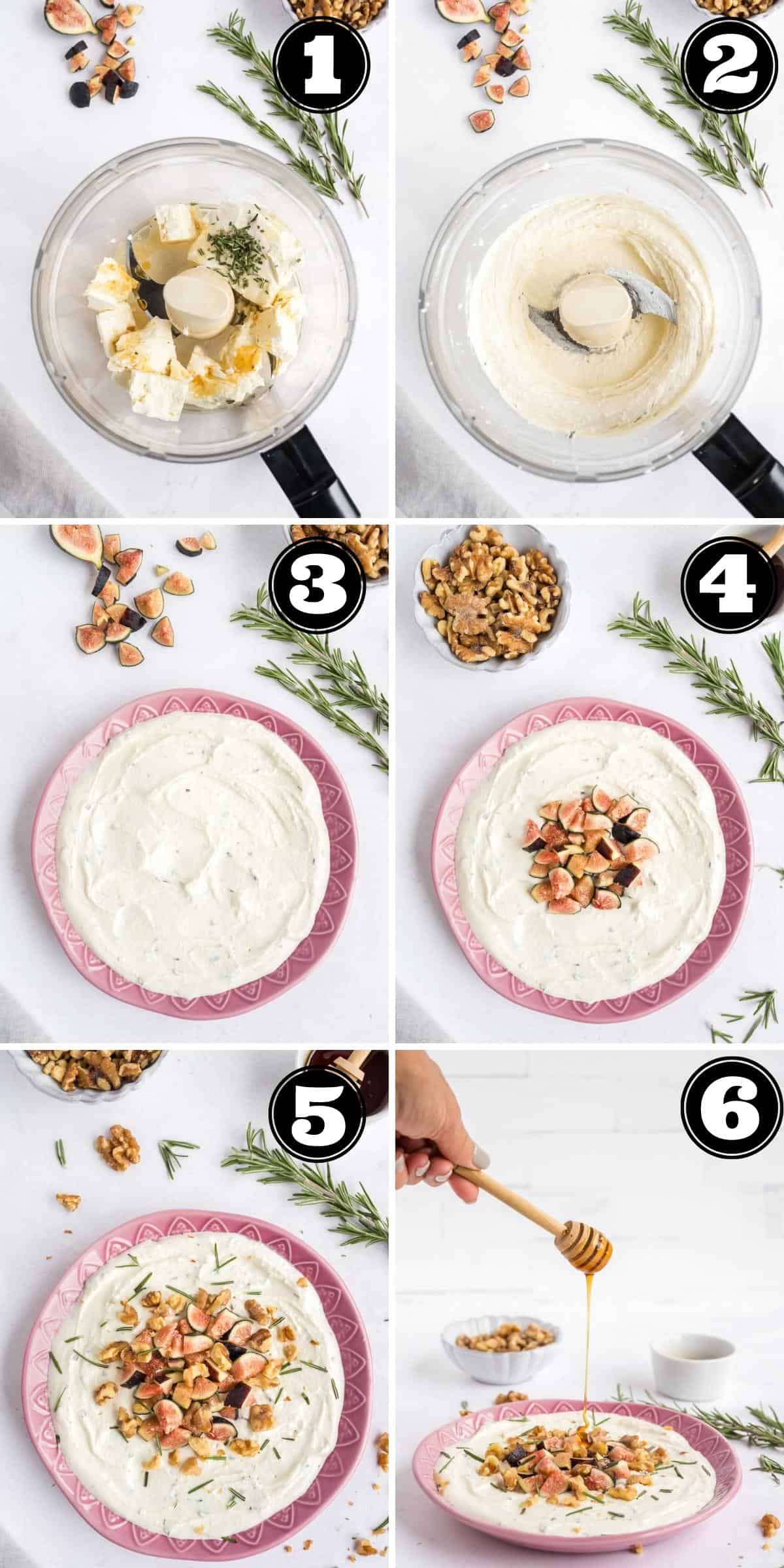 Collage image showing adding figs, nuts, herbs and honey toppings to whipped feta dip.