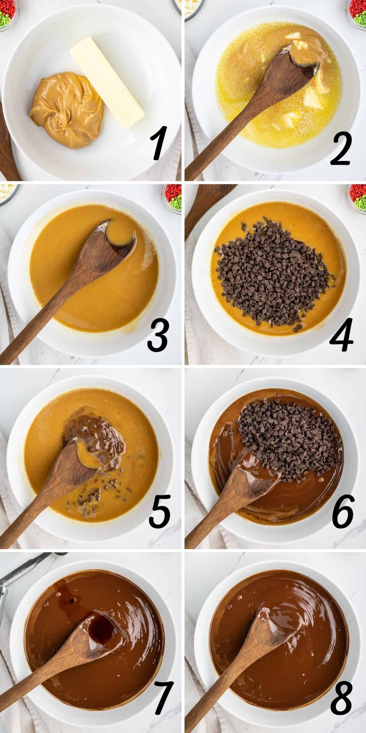 Collage image showing steps to melt butter, peanut butter and chocolate together.
