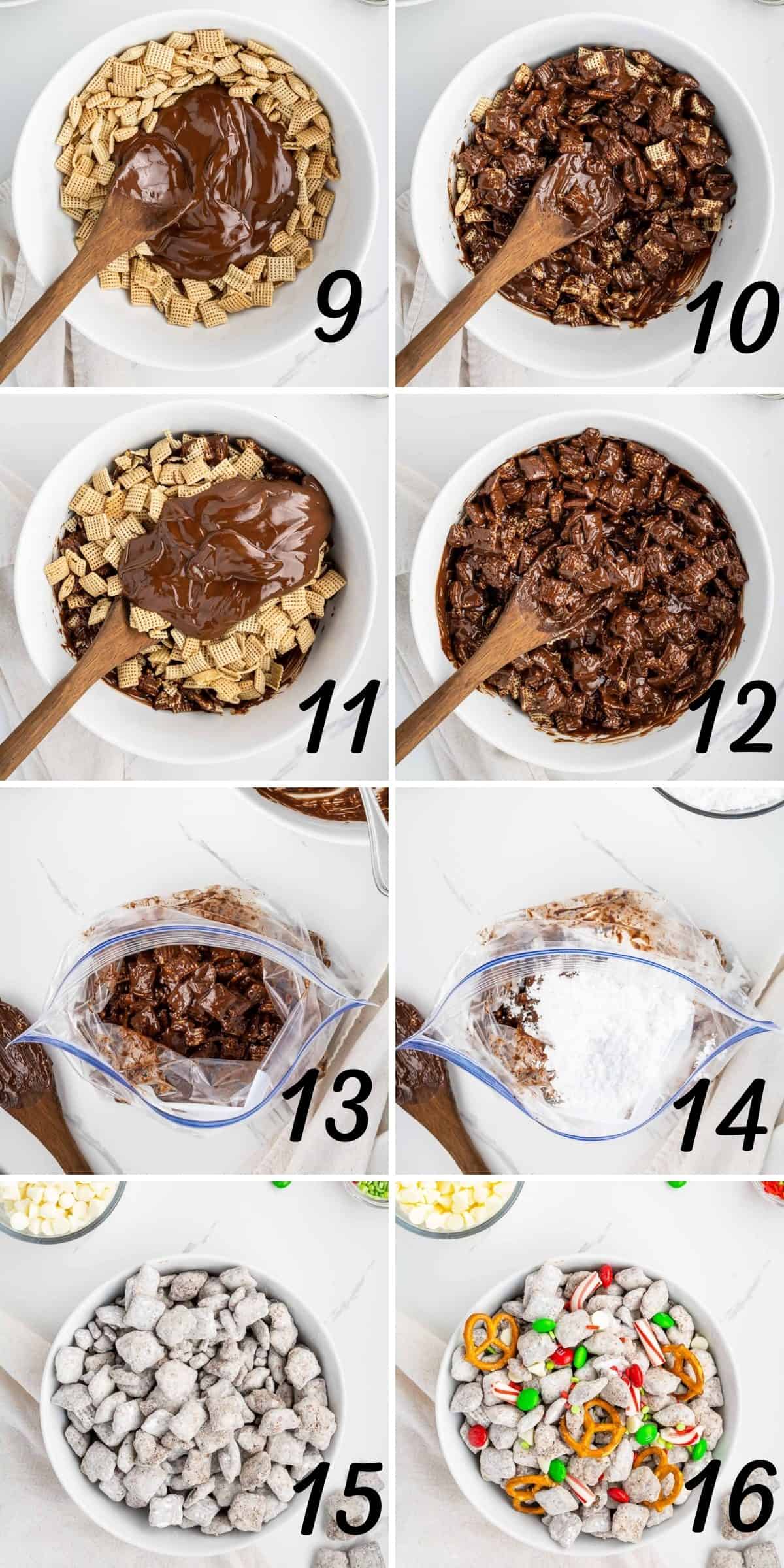 Collage image showing steps to add melted chocolate to chex cereal and then to toss in powdered sugar and add in toppings.