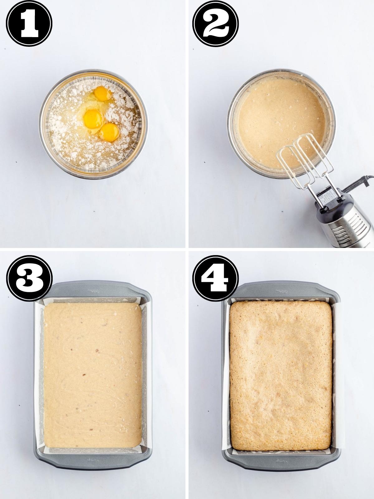 Numbered steps to bake cinnamon toast cake mix.