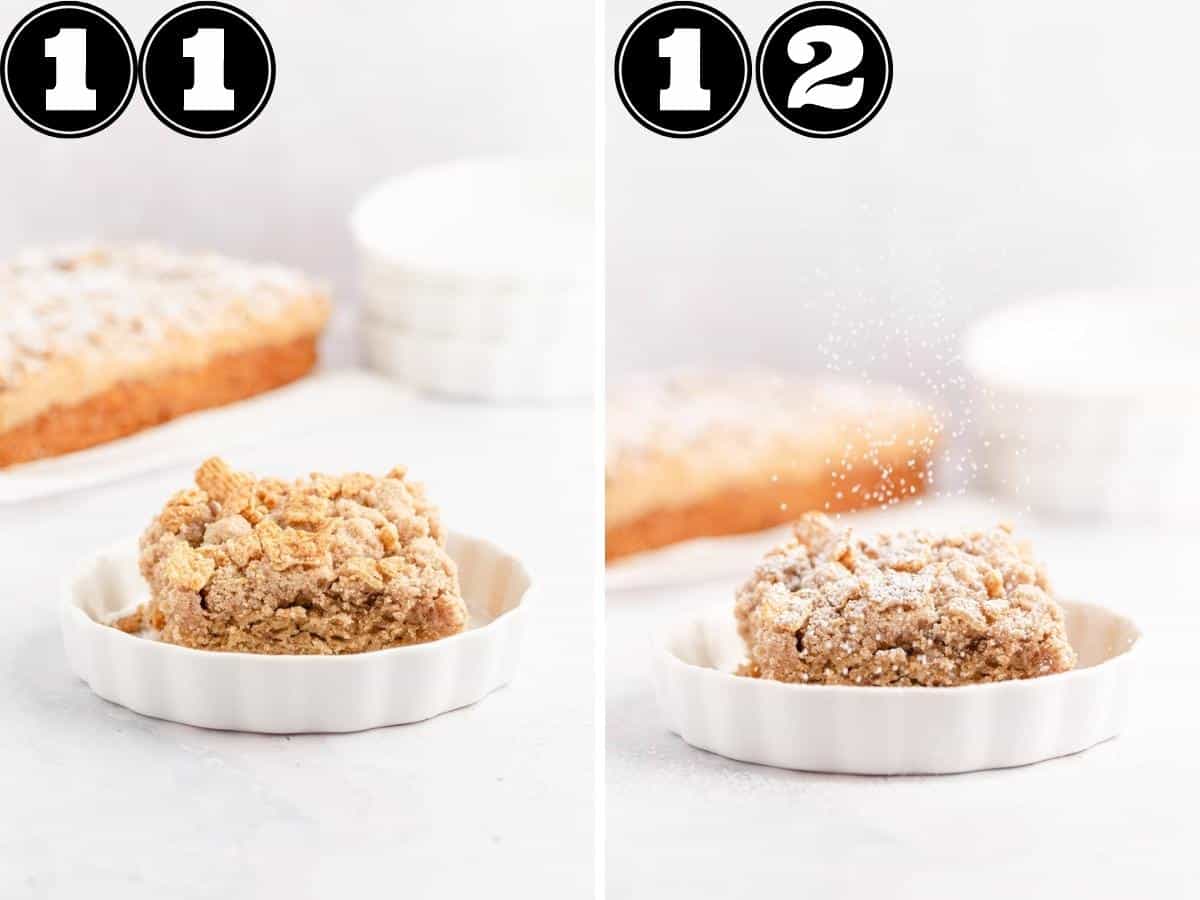 Numbered steps to show adding powdered sugar to top of cake.