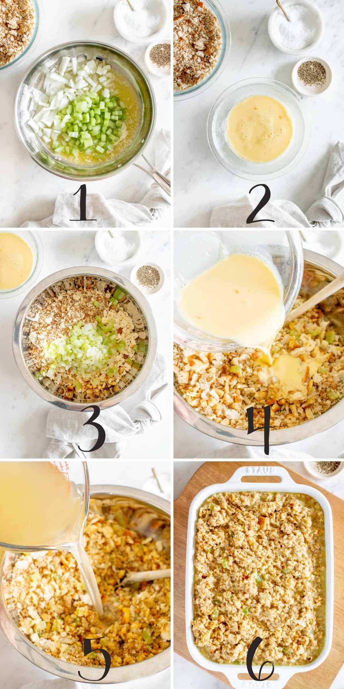 Six step-by-step images showing how to make easy cornbread dressing.