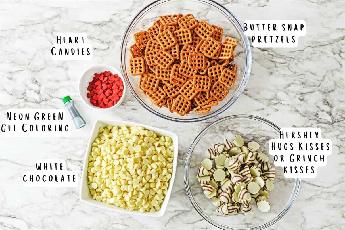 Labeled ingredient image for items needed for Grinch pretzel bites.