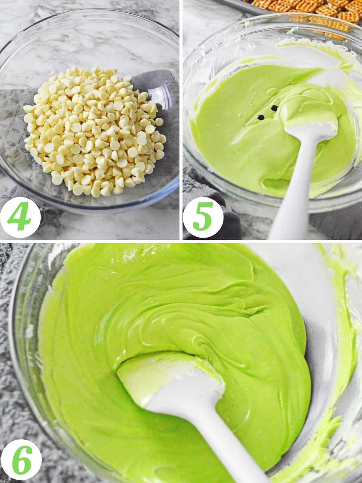 Collage image showing steps to melt chocolate chips and add green coloring.