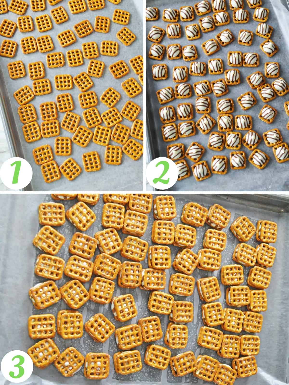 3 image collage showing adding kisses to pretzels to make grinch pretzel bites.