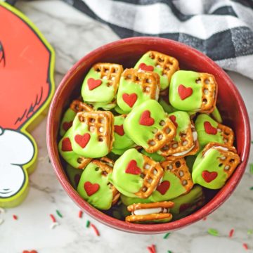 Overhead image of bowl of grinch pretzels.