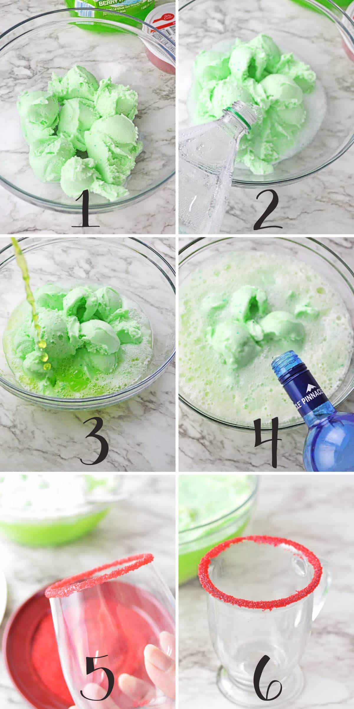 Collage image showing steps to make grinch punch recipe.