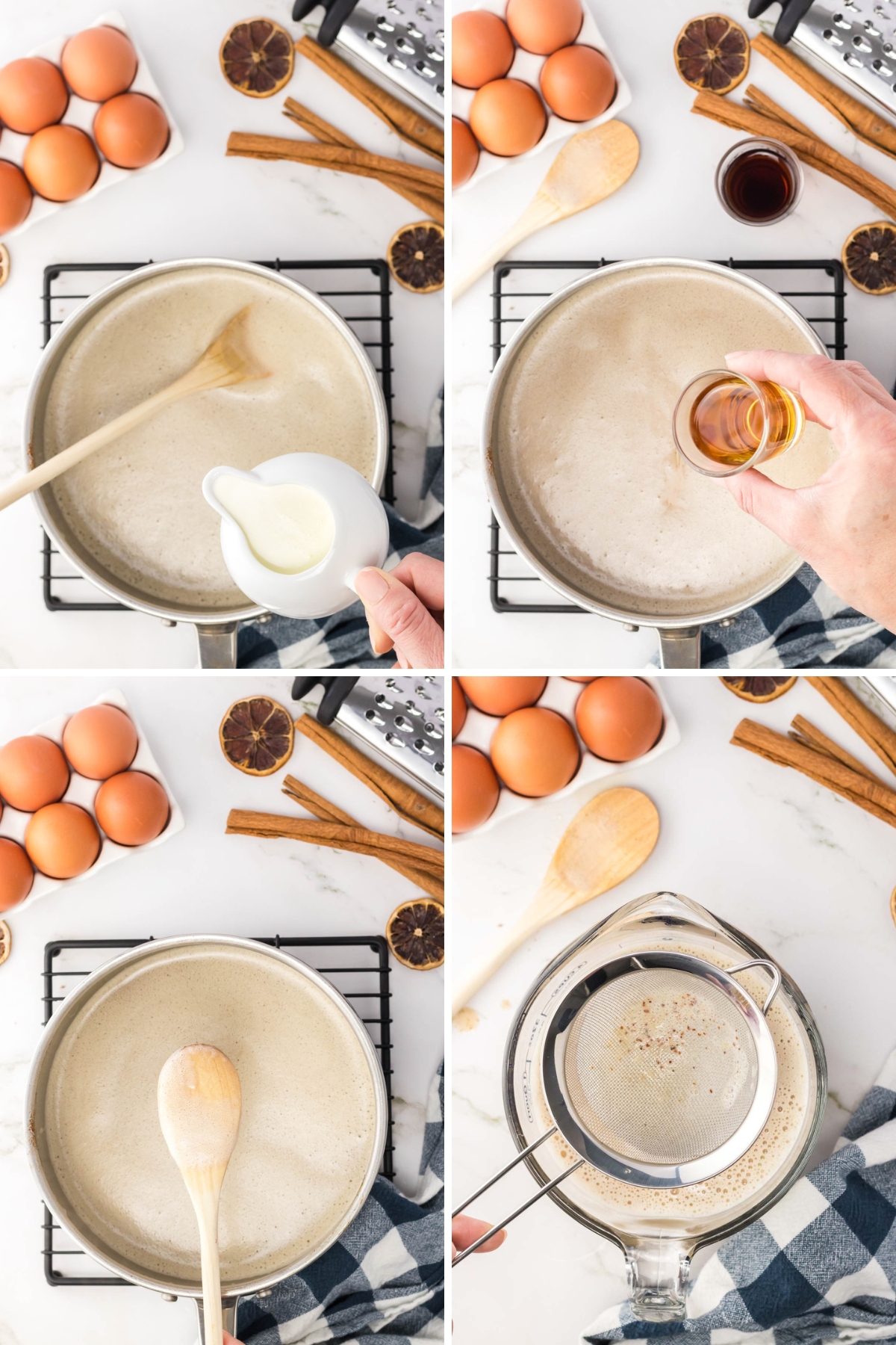 Collage image adding cream and alcohol if desired to eggnog mixture; then running through a sieve.