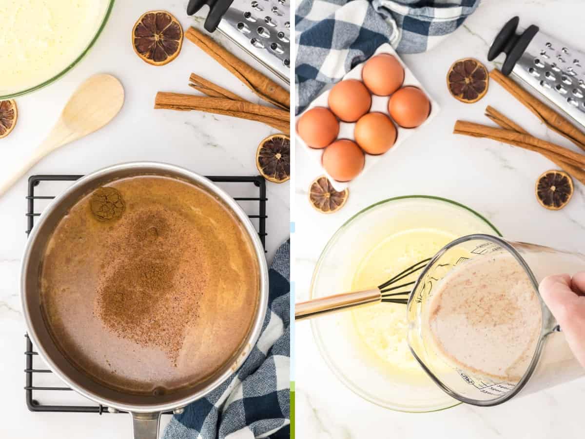 Adding warm milk and spices to egg mixture.