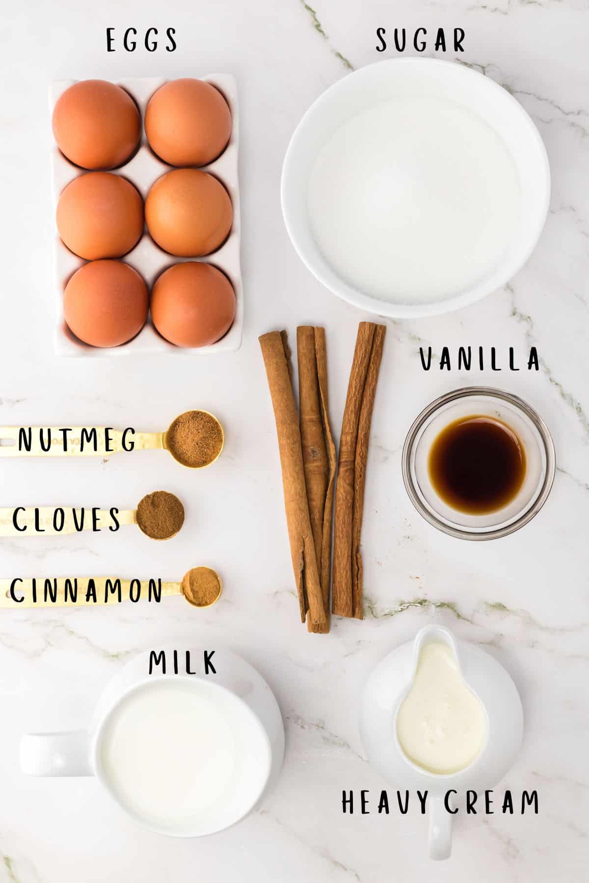 Ingredient image of items needed for eggnog recipe.