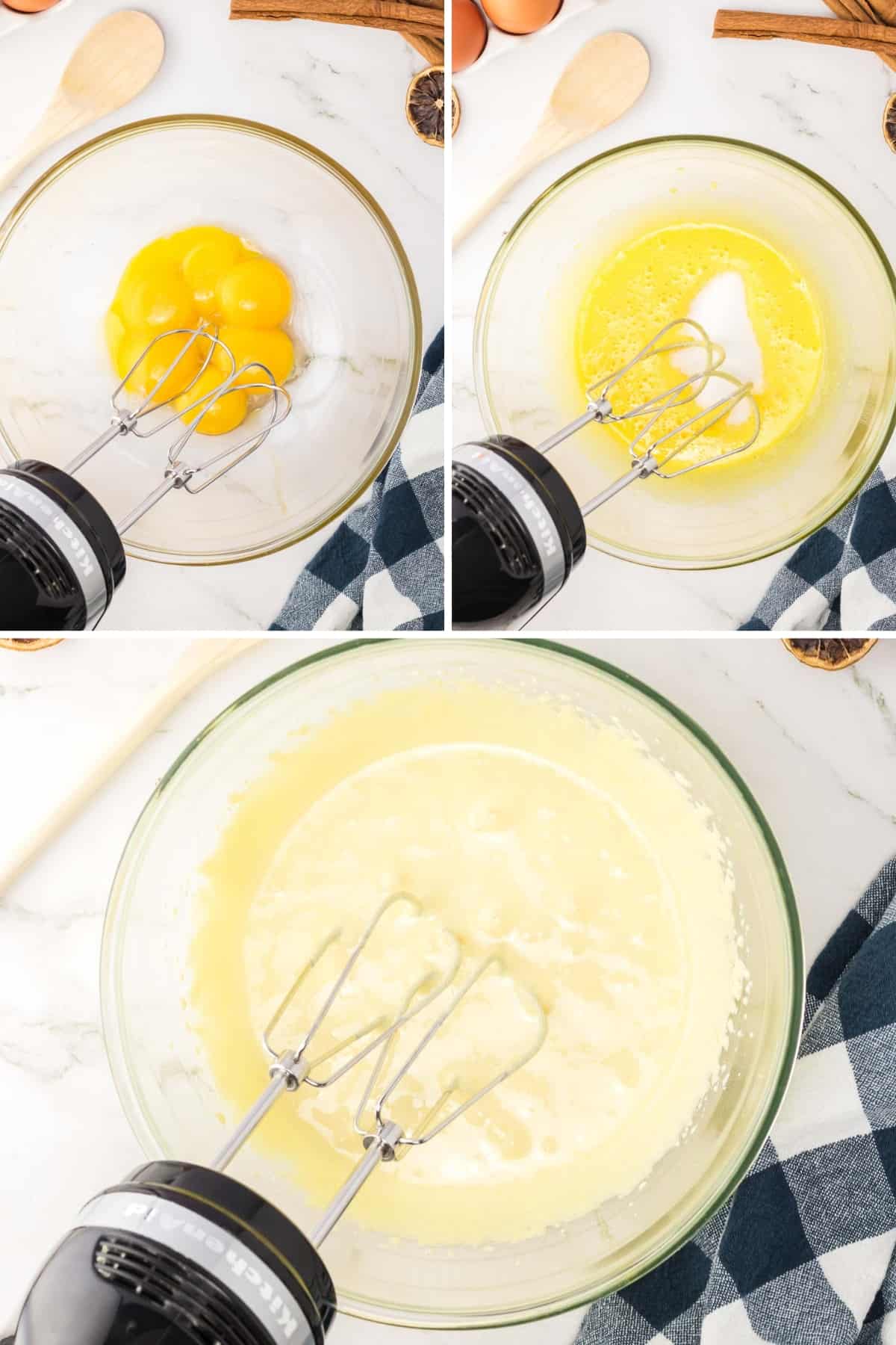 Collage image showing steps to whip egg yolks and sugar together.