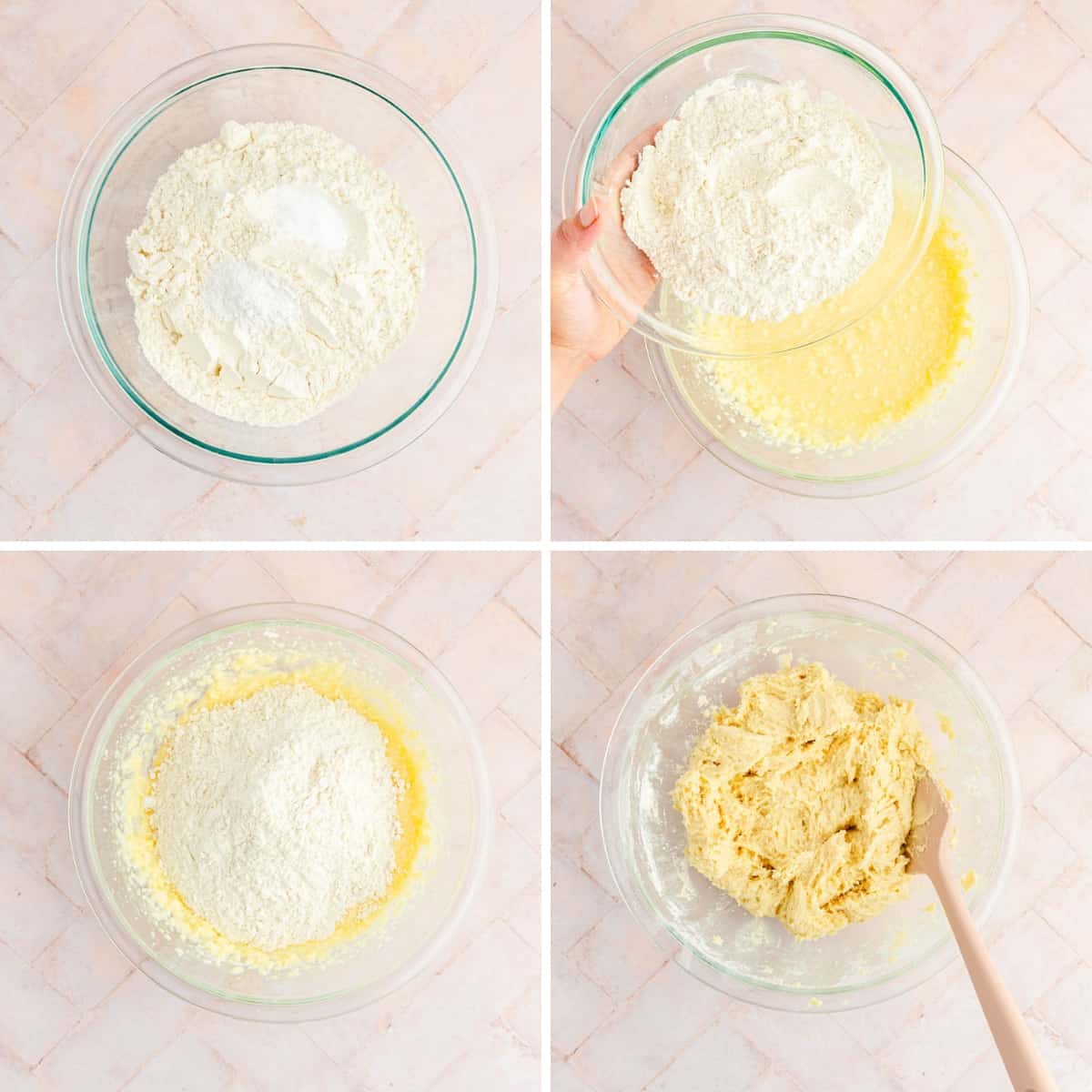 Collage image showing steps to add dry ingredients to wet ingredients.