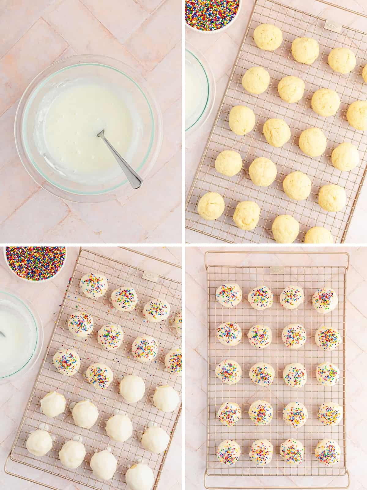 Collage images showing steps to glaze and decorate with sprinkles.