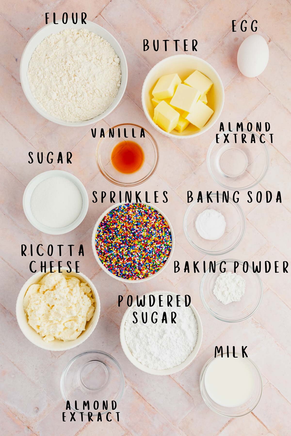 Labeled ingredients needed to make Italian Ricotta Cookies.
