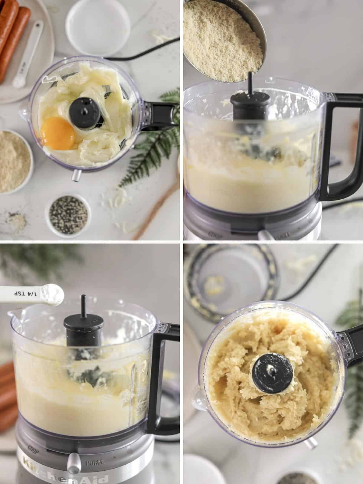 Collage image showing making cheese and almond flour dough in food processor.