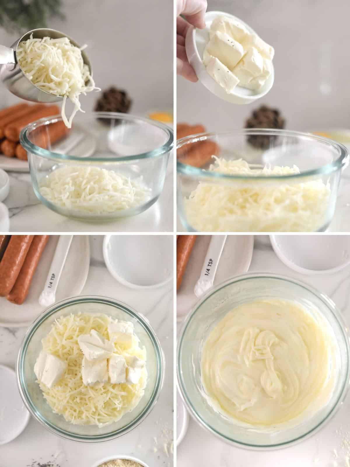 Collage image showing melting cheeses for dough steps.