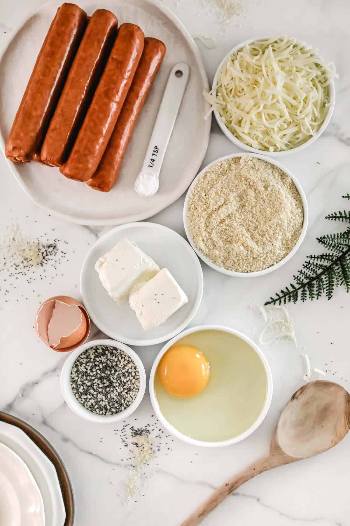 Ingredients needed for keto pretzel dogs.