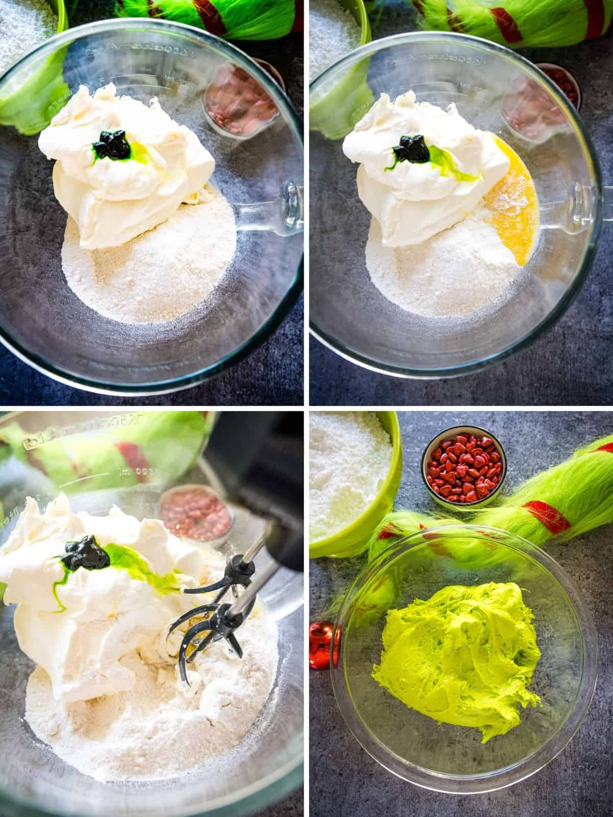 Collage image showing steps to make grinch cookie dough.