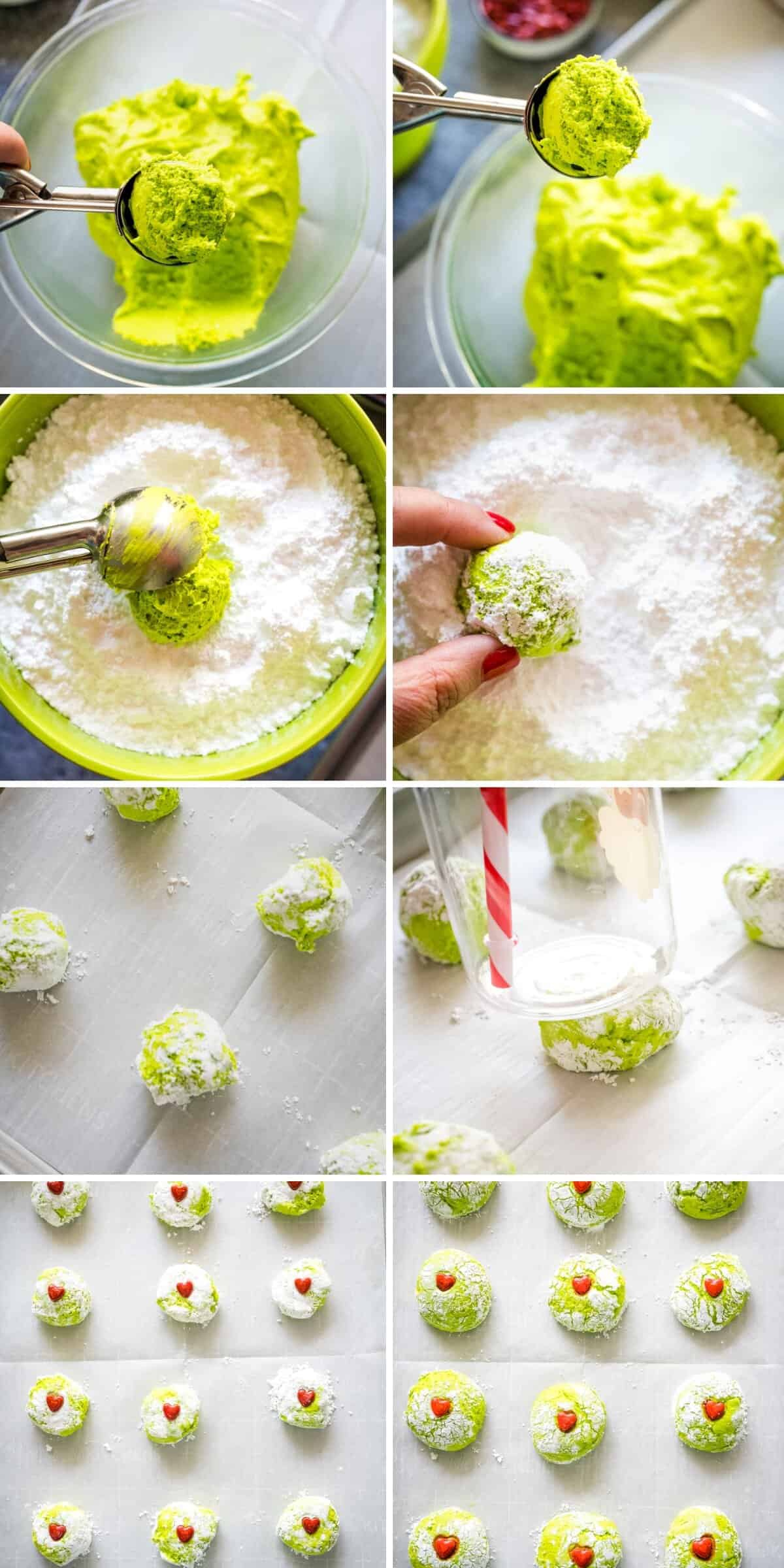 Collage image showing steps to scoop dough and toss in powdered sugar then place on lined cookie sheet to bake.